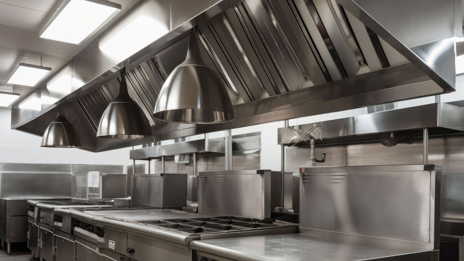 Commercial kitchen exhaust hood over a clean stainless steel cook line