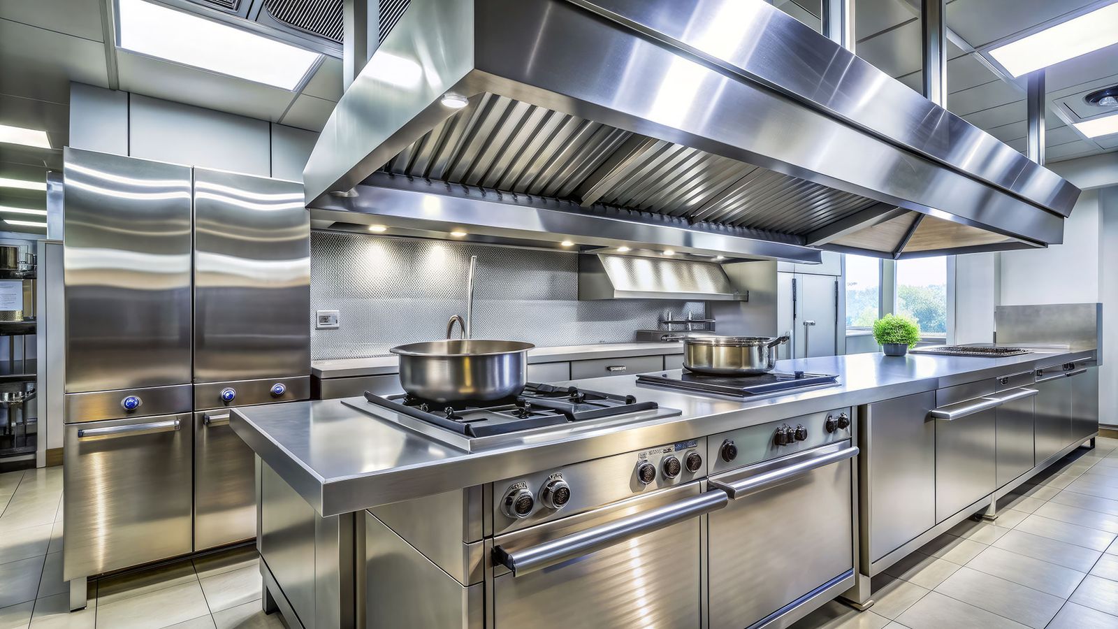 Stainless steel exhaust hood over a restaurant cook line